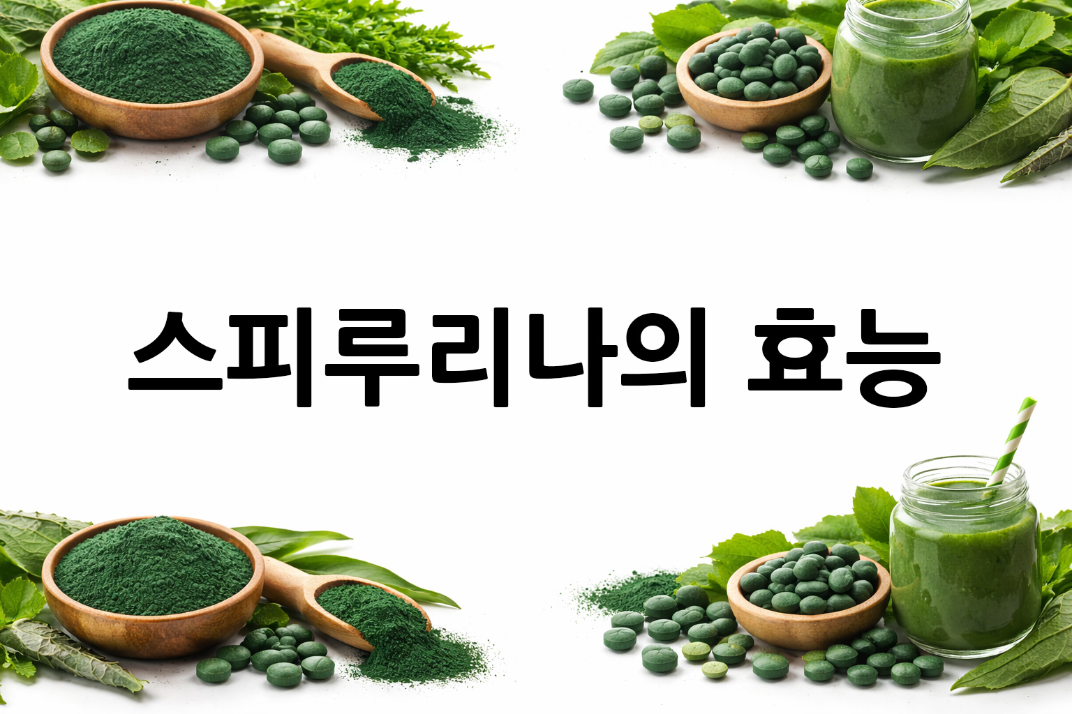 흰 배경의 스피루리나 상·하단 띠 이미지, 가운데 텍스트 공간 비움
