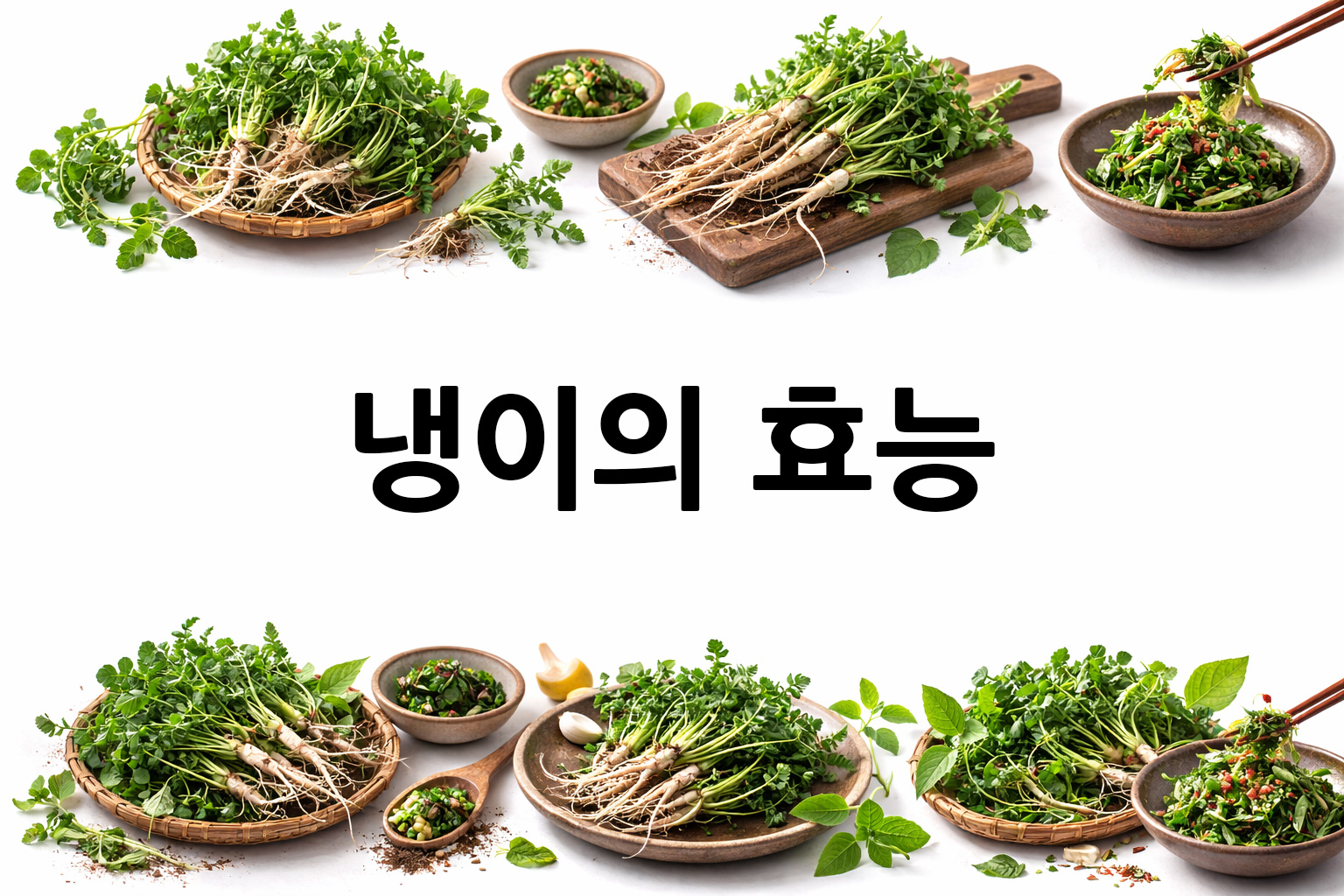 흰 배경의 냉이 상·하단 띠 이미지, 가운데 텍스트 공간 비움