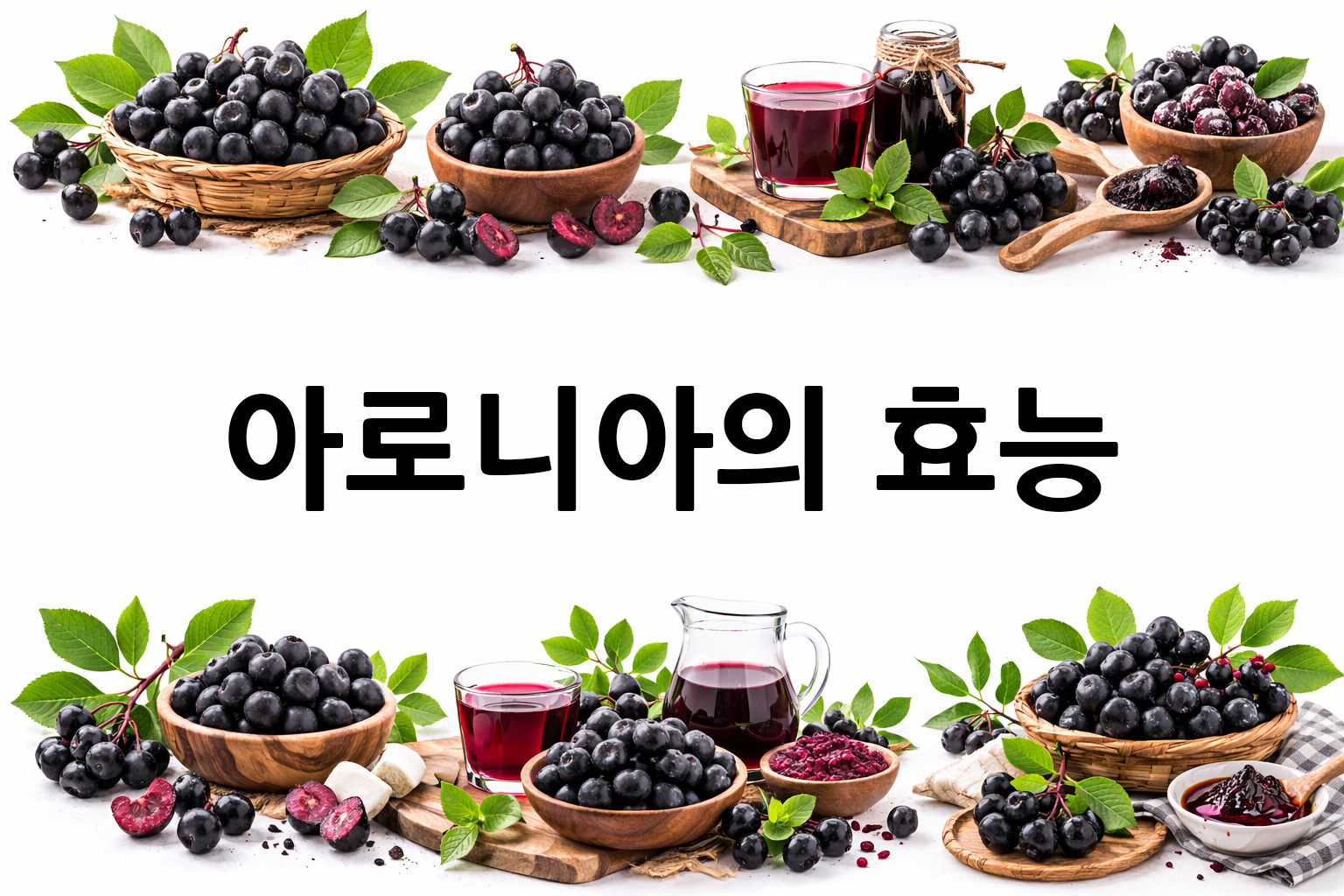 흰 배경의 아로니아 상·하단 띠 이미지, 가운데 텍스트 공간 비움