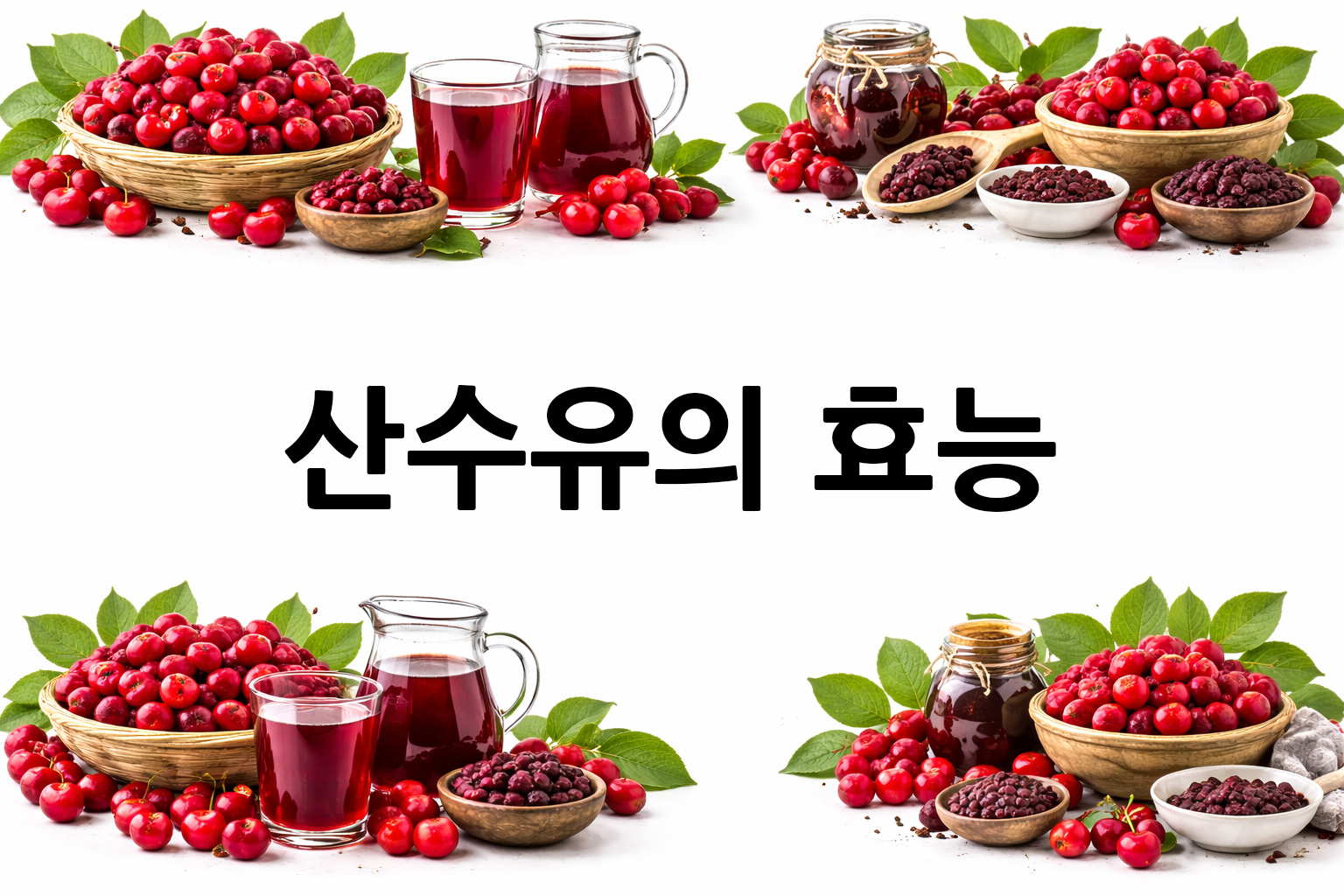 흰 배경의 산수유 상·하단 띠 이미지, 가운데 텍스트 공간 비움