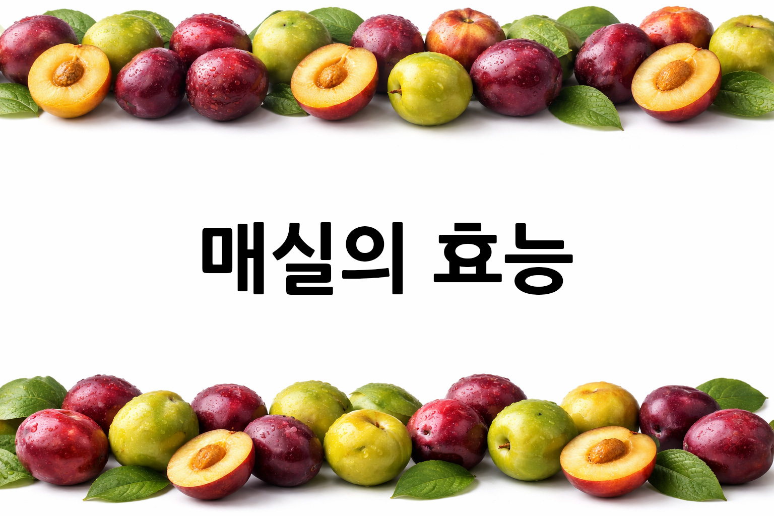 흰 배경의 매실 상·하단 띠 이미지, 가운데 텍스트 공간 비움