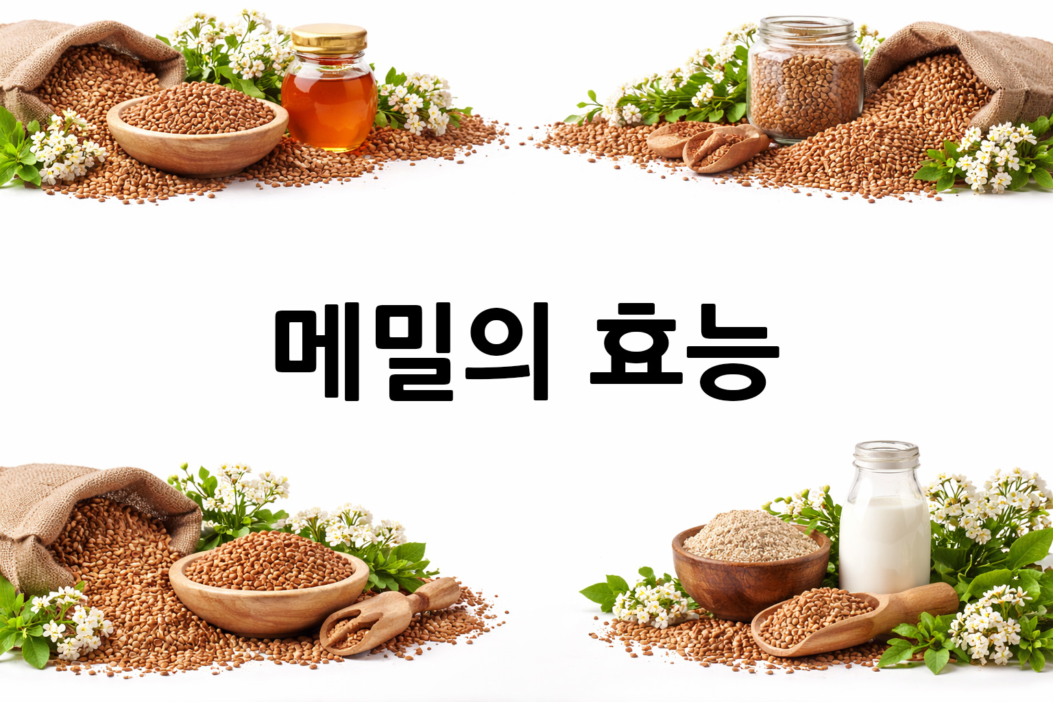 흰 배경의 메밀 상·하단 띠 이미지, 가운데 텍스트 공간 비움