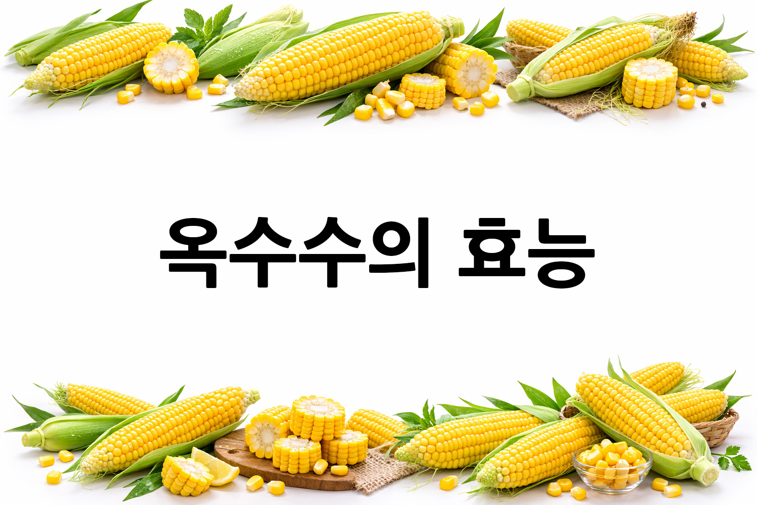 흰 배경의 옥수수 상·하단 띠 이미지, 가운데 텍스트 공간 비움