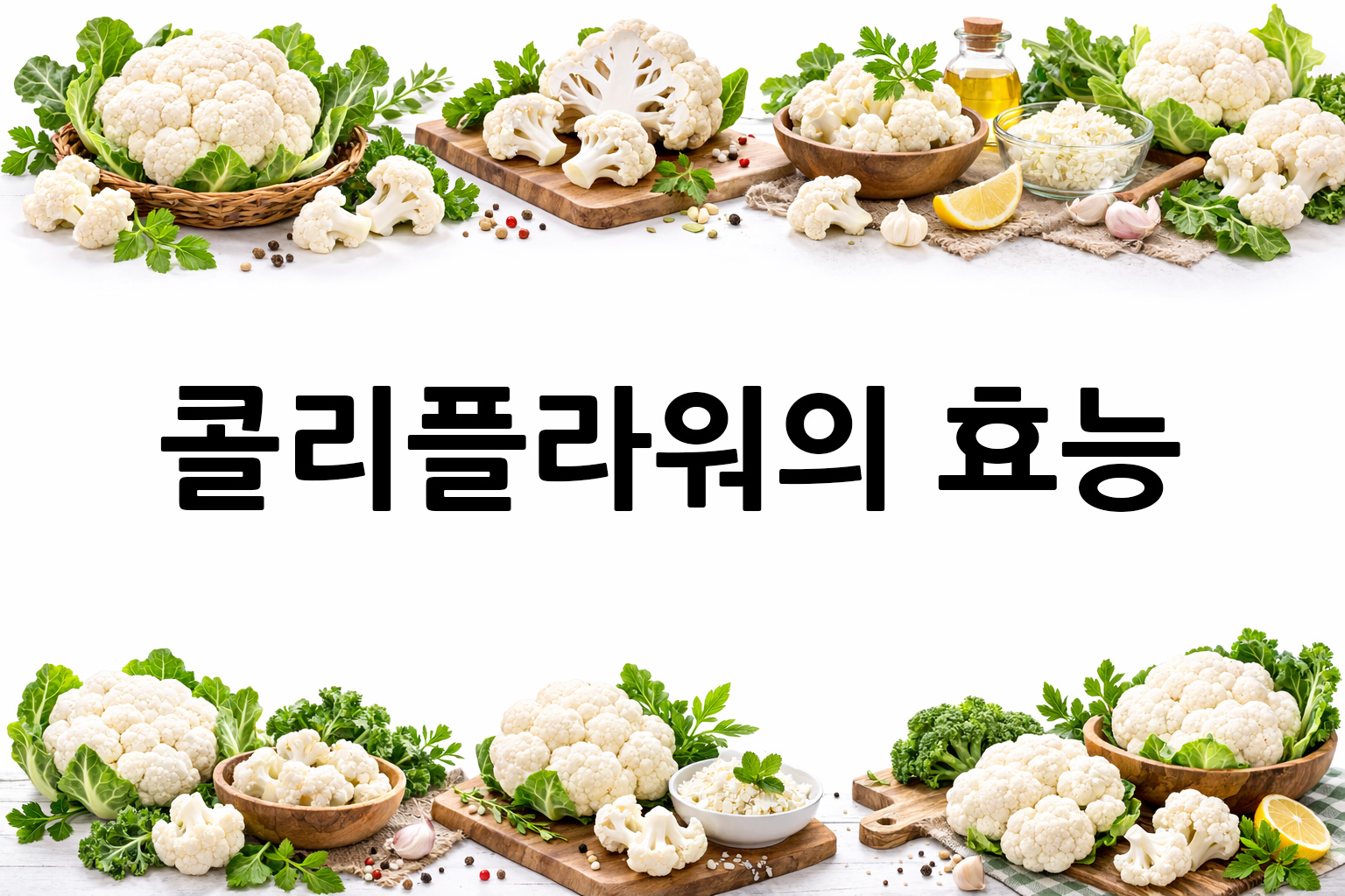 흰 배경의 콜리플라워 상·하단 띠 이미지, 가운데 텍스트 공간 비움