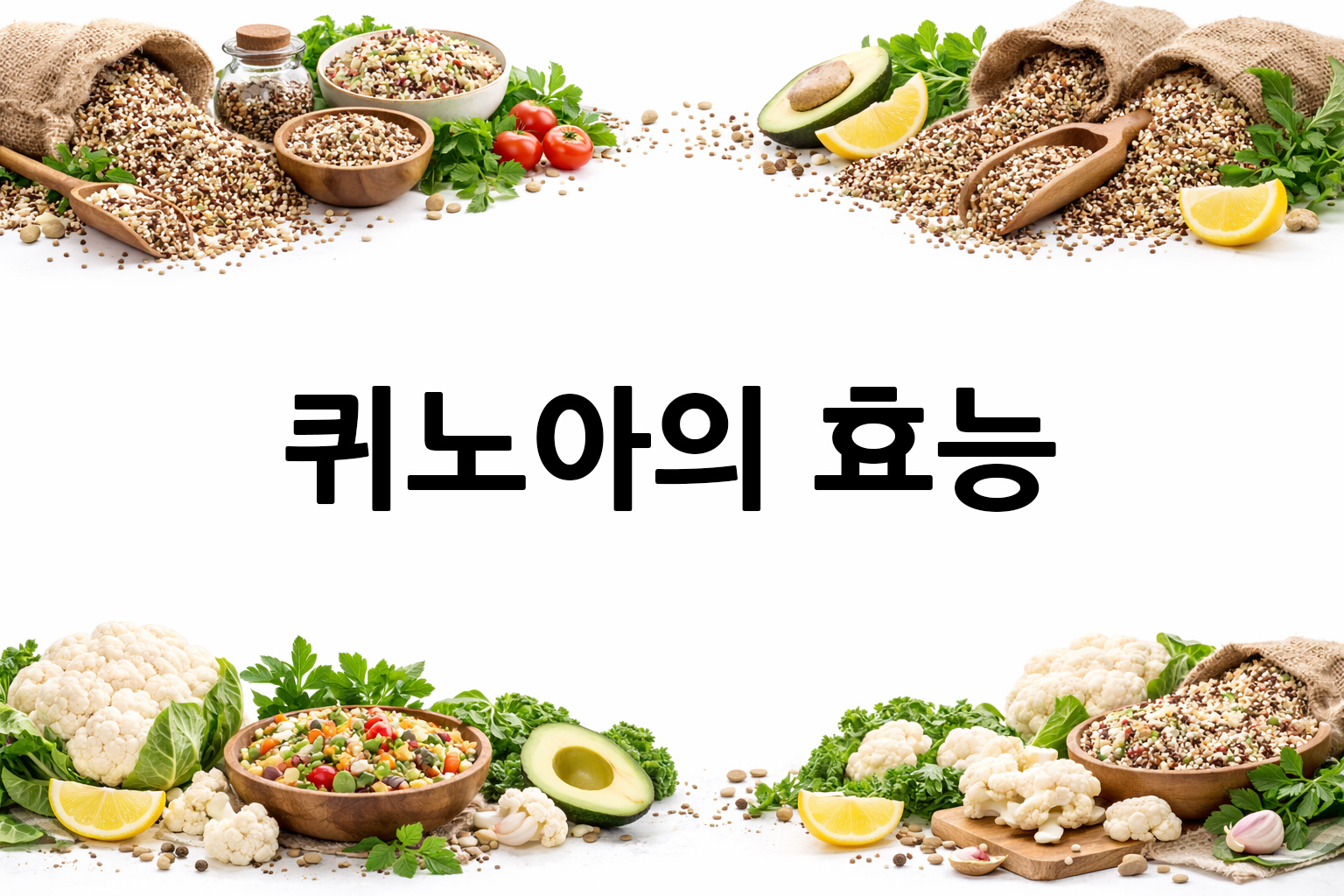 흰 배경의 퀴노아 상·하단 띠 이미지, 가운데 텍스트 공간 비움