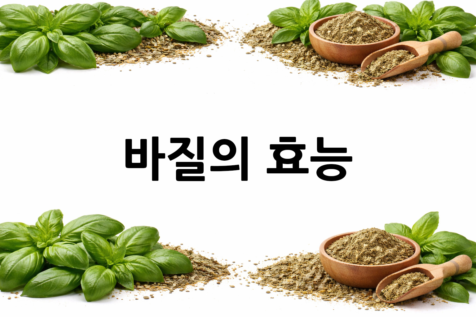 흰 배경의 바질 상·하단 띠 이미지, 가운데 텍스트 공간 비움