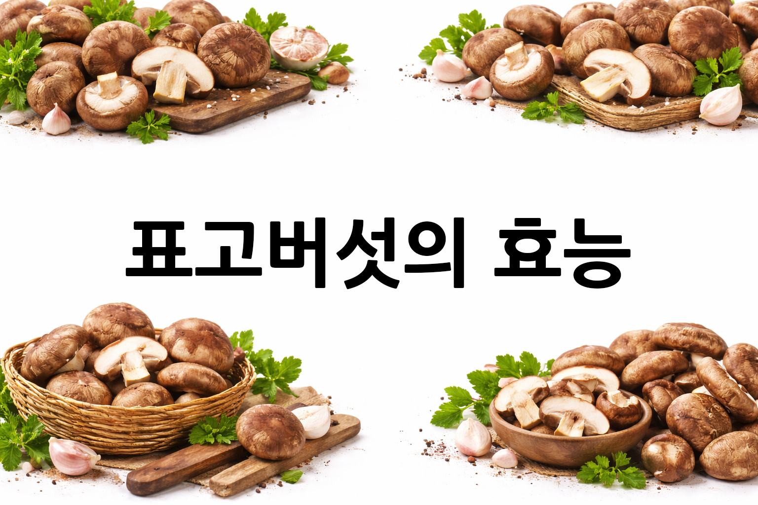 흰 배경의 표고버섯 상·하단 띠 이미지, 가운데 텍스트 공간 비움