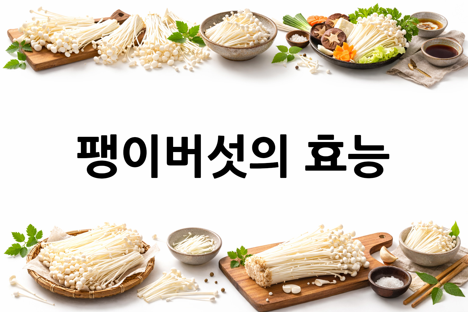 흰 배경의 팽이버섯 상·하단 띠 이미지, 가운데 텍스트 공간 비움