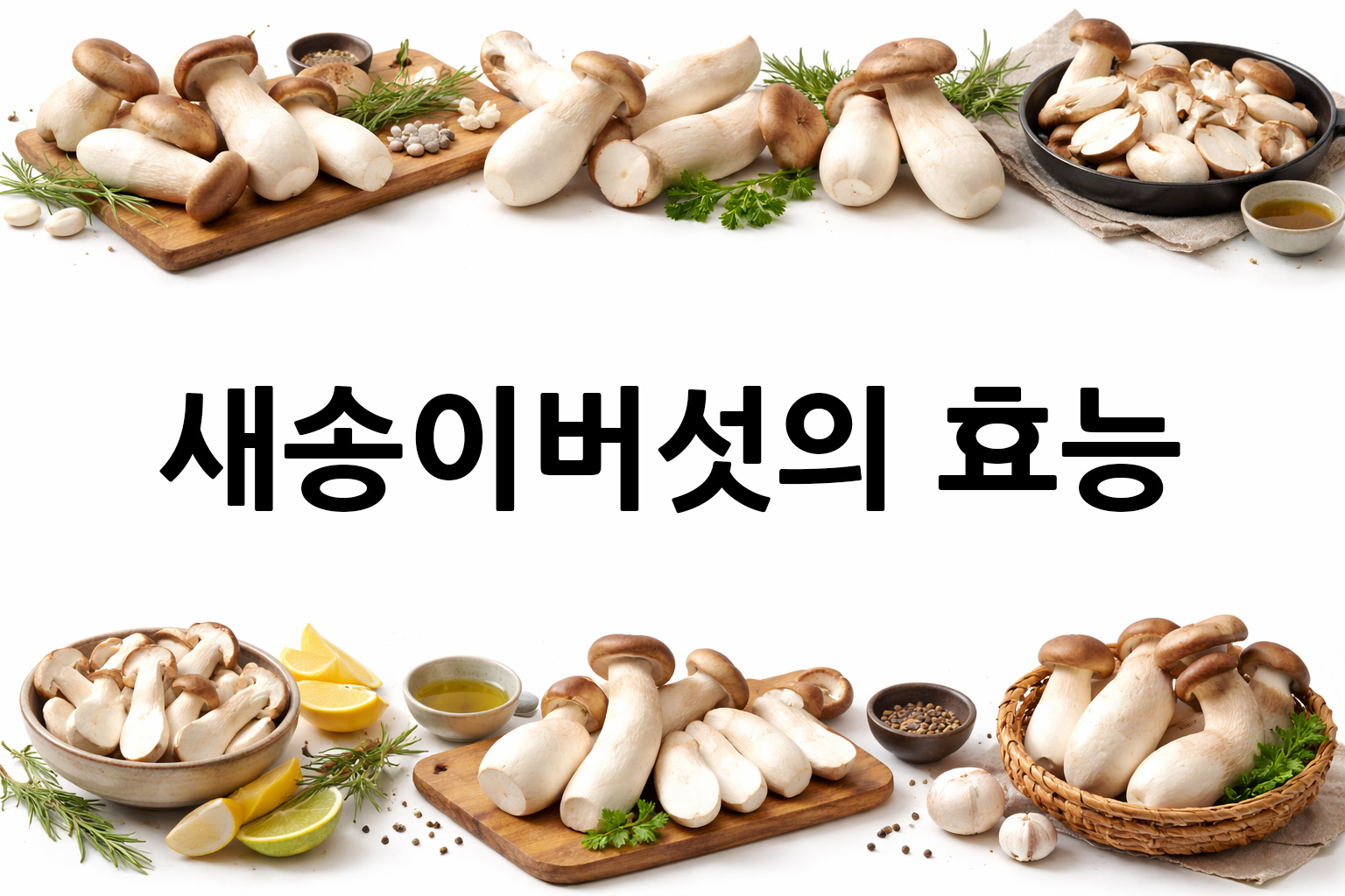 흰 배경의 새송이버섯 상·하단 띠 이미지, 가운데 텍스트 공간 비움