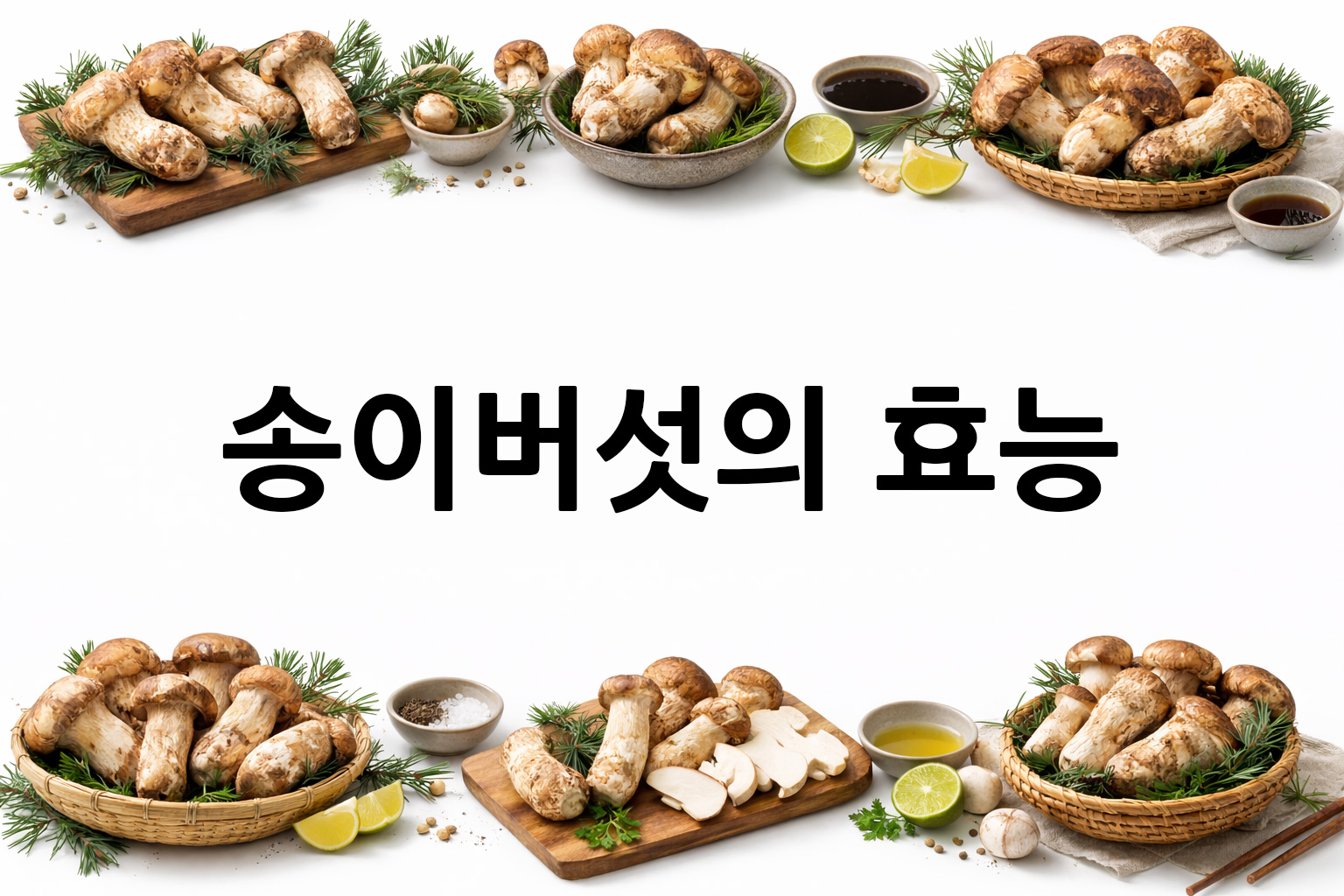 흰 배경의 송이버섯 상·하단 띠 이미지, 가운데 텍스트 공간 비움