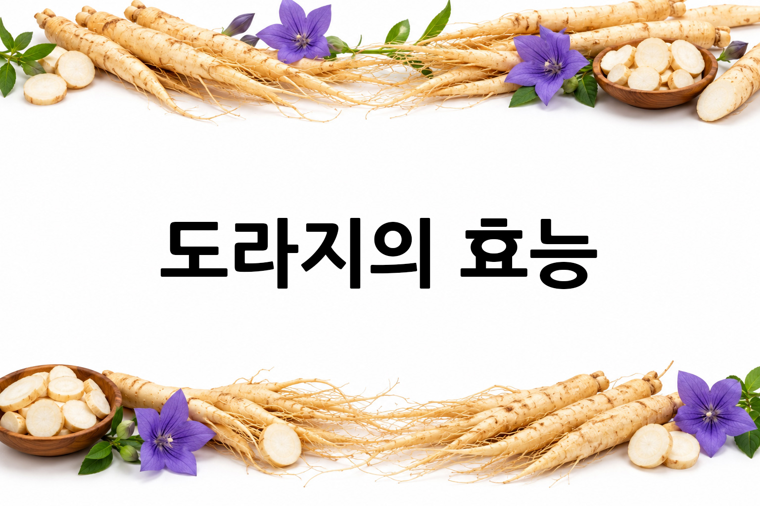 흰 배경의 도라지 상·하단 띠 이미지, 가운데 텍스트 공간 비움