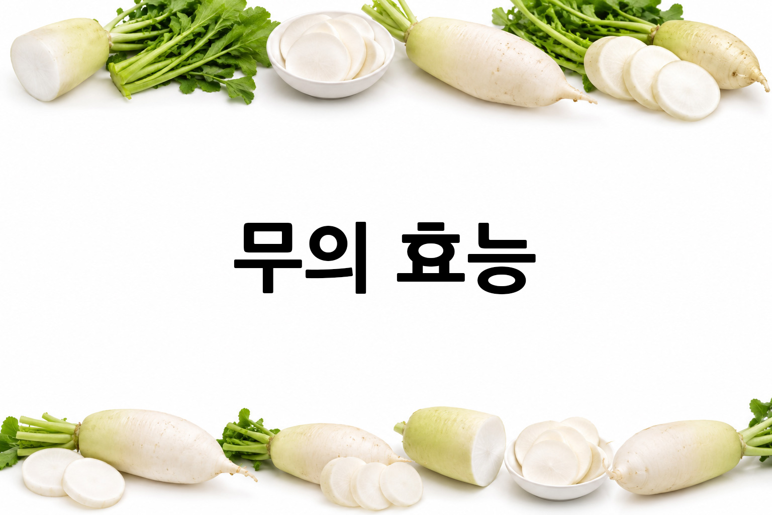 흰 배경의 무 상·하단 띠 이미지, 가운데 텍스트 공간 비움