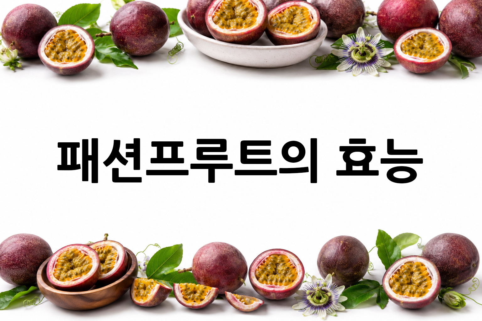 흰 배경의 패션프루트 상·하단 띠 이미지, 가운데 텍스트 공간 비움