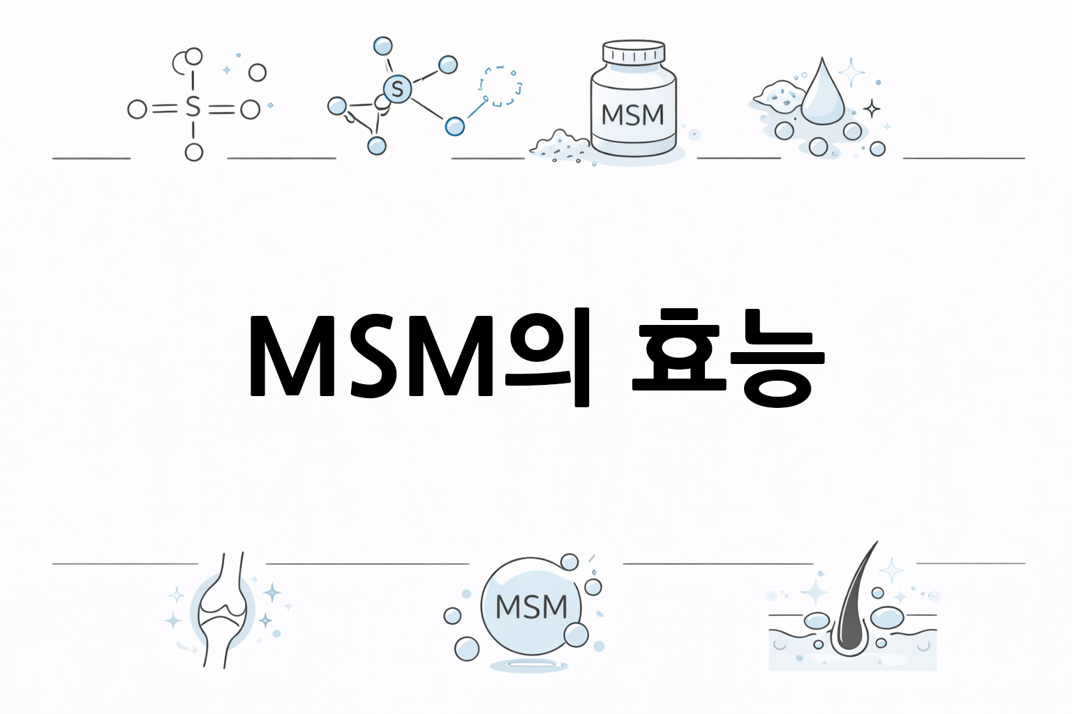 흰 배경의 MSM(메틸설포닐메탄) 관련 미니멀 벡터 아이콘 이미지, 중앙 텍스트 공간 비움