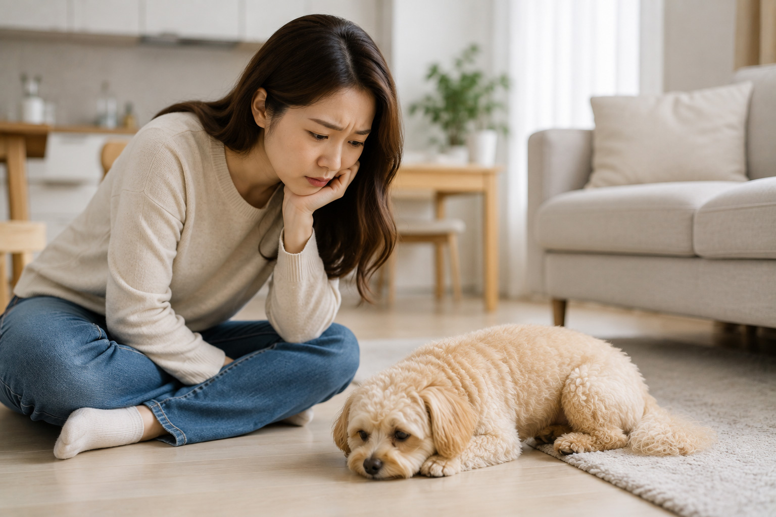 보호자가 강아지의 상태를 걱정스럽게 살펴보는 모습