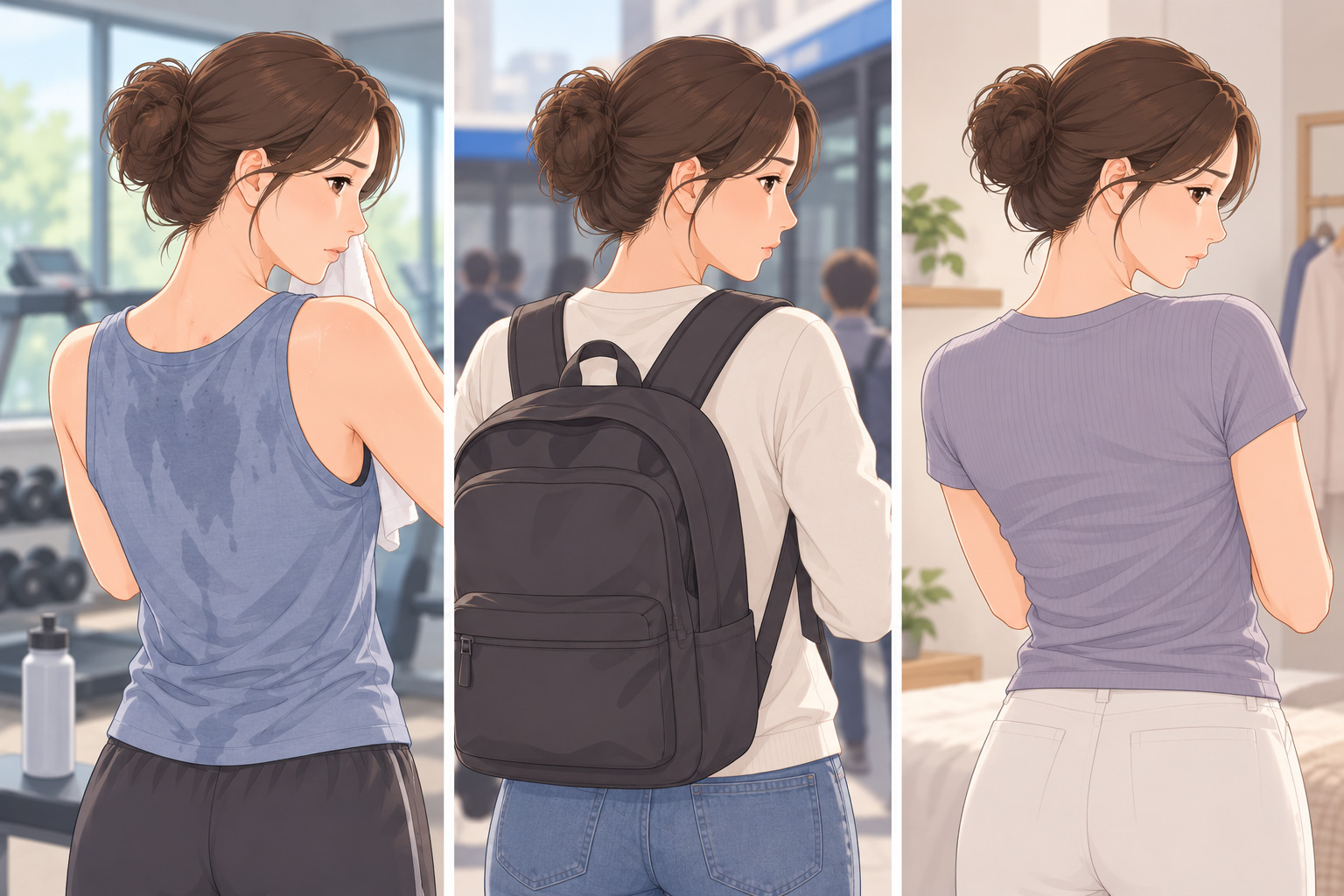 운동 후 땀과 백팩, 몸에 붙는 옷으로 등에 마찰이 생기는 일상 상황을 보여주는 모습