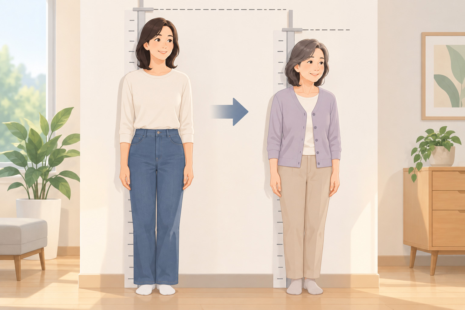 성인과 노년의 같은 사람이 키 측정대 앞에 서 있는 모습을 비교한 일러스트