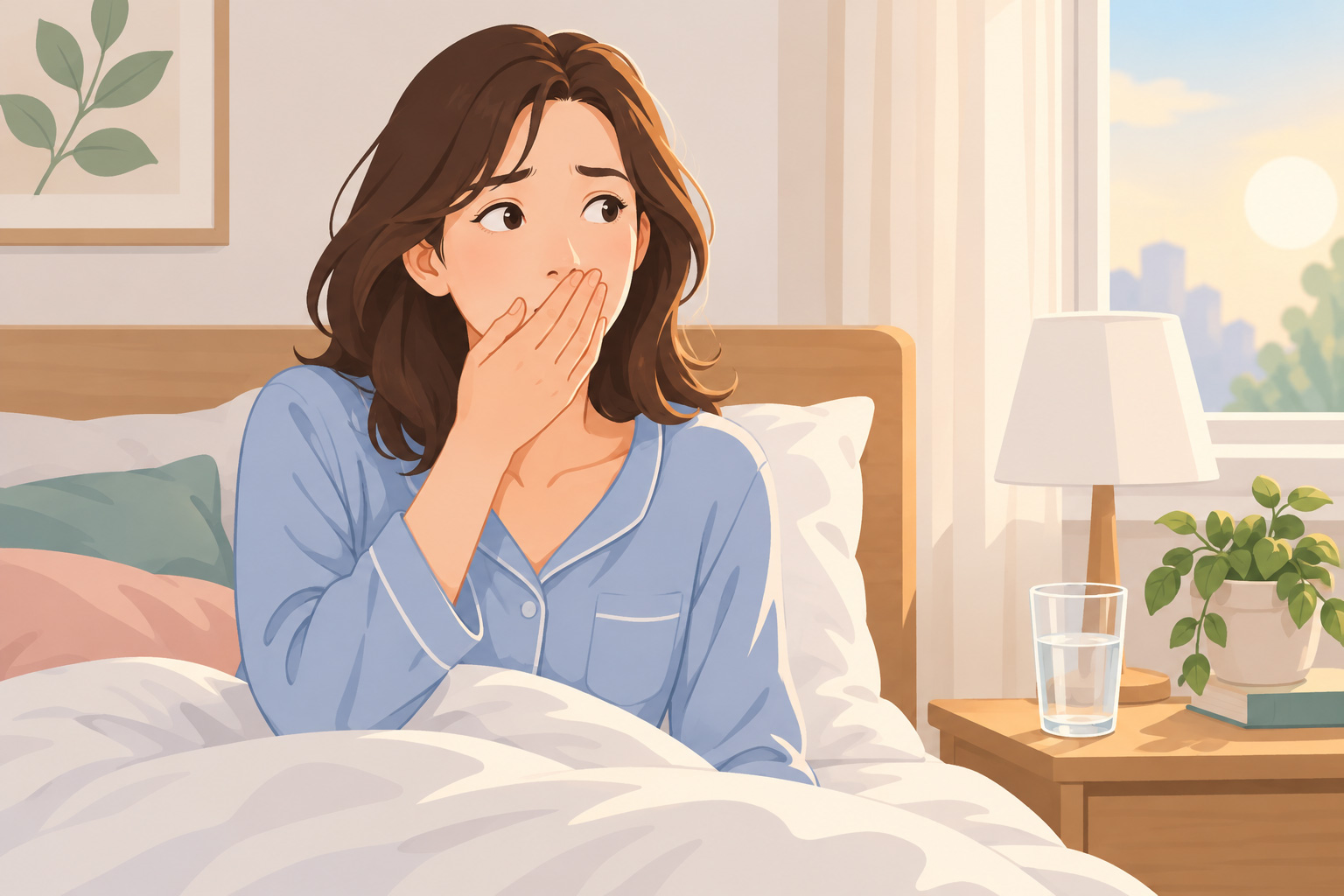 아침에 잠에서 깨어 입가를 손으로 가린 성인이 침대에 앉아 있는 모습