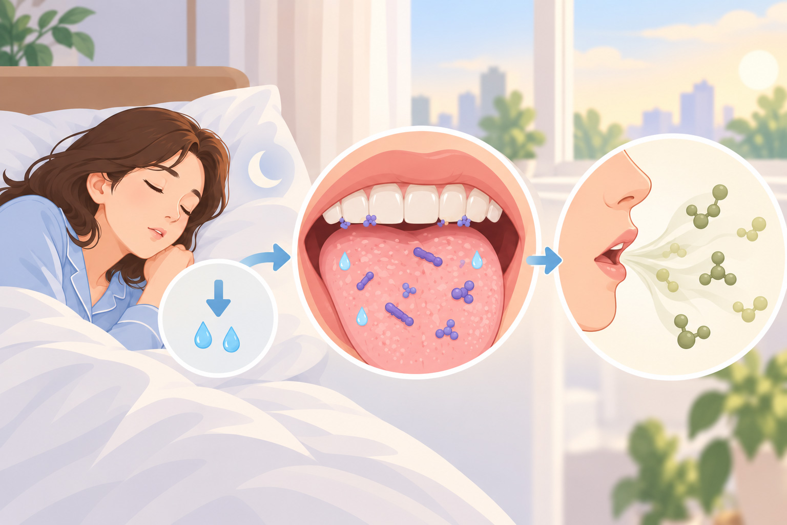 수면 중 침이 줄어들고 혀와 치아 주변 세균이 냄새 성분을 만드는 과정을 단순하게 표현한 그림