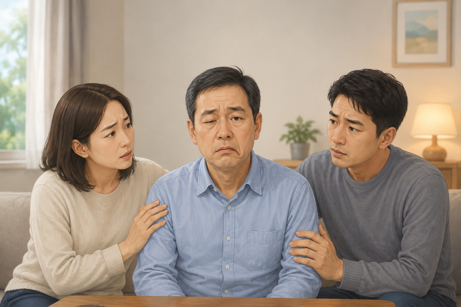 한쪽 얼굴이 처진 사람을 가족이 걱정스러운 표정으로 살펴보는 모습