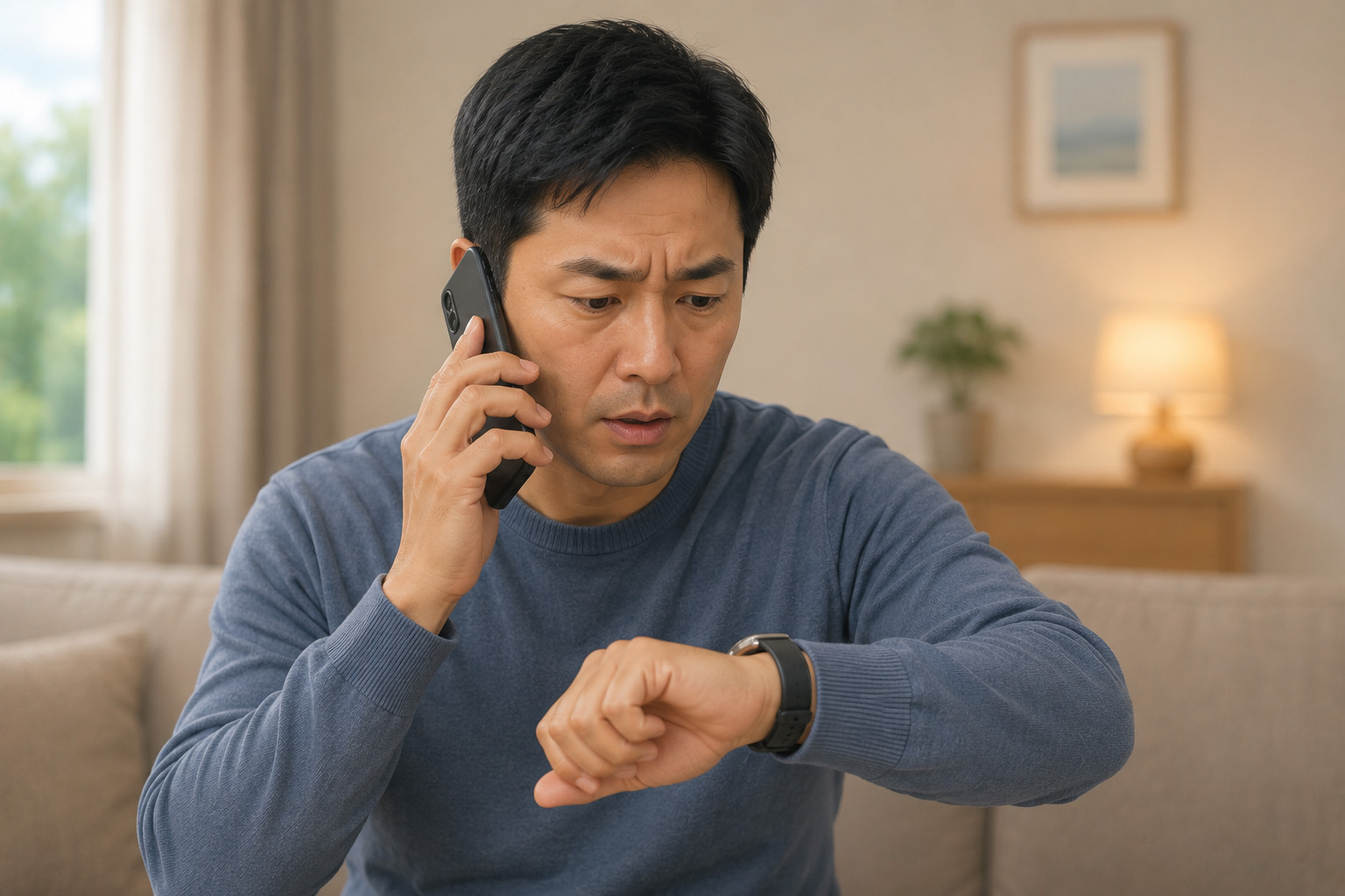 휴대전화로 119에 신고하며 시계를 함께 확인하는 모습