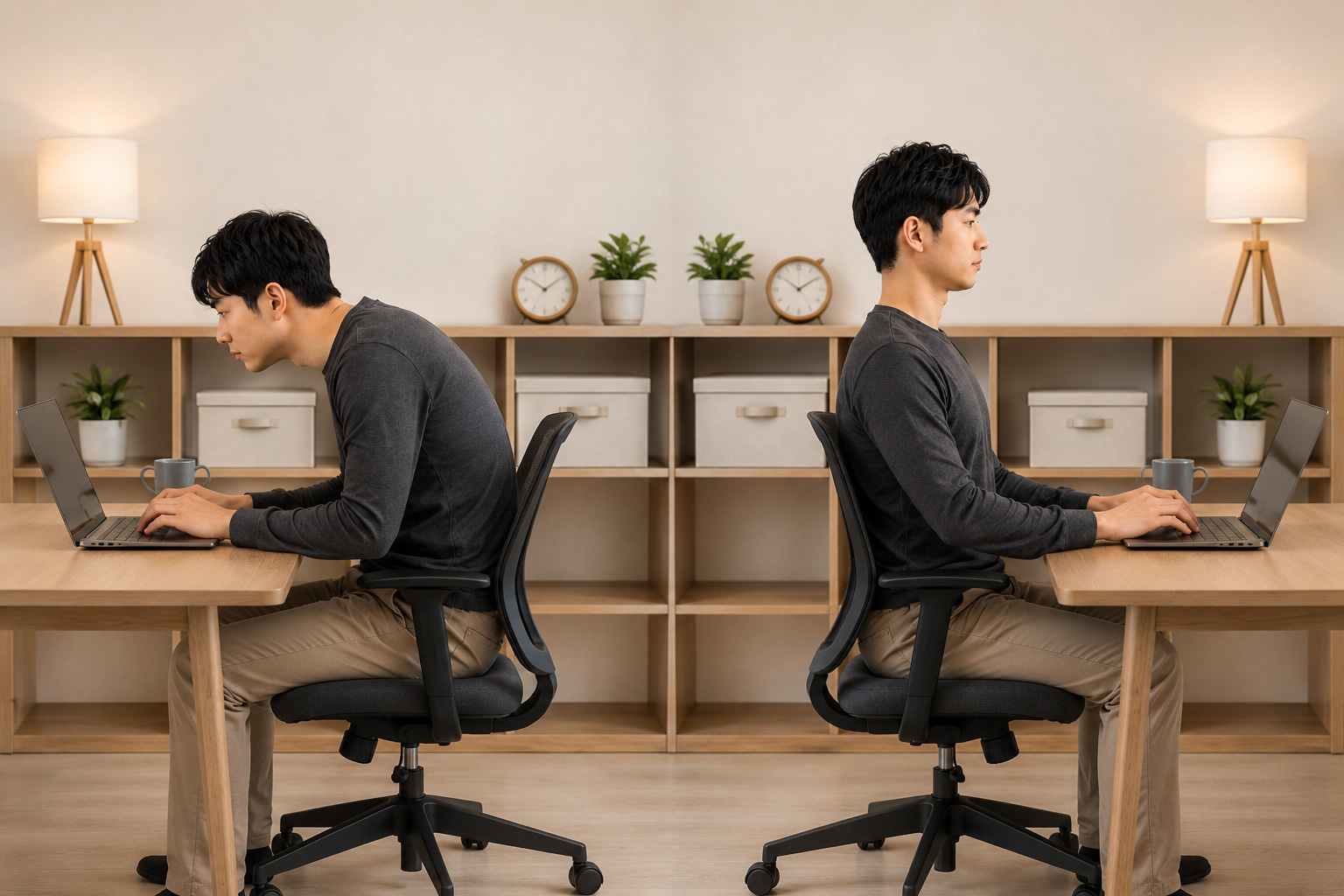 책상 앞에서 고개를 앞으로 내민 자세와 바른 자세를 옆에서 비교하는 모습
