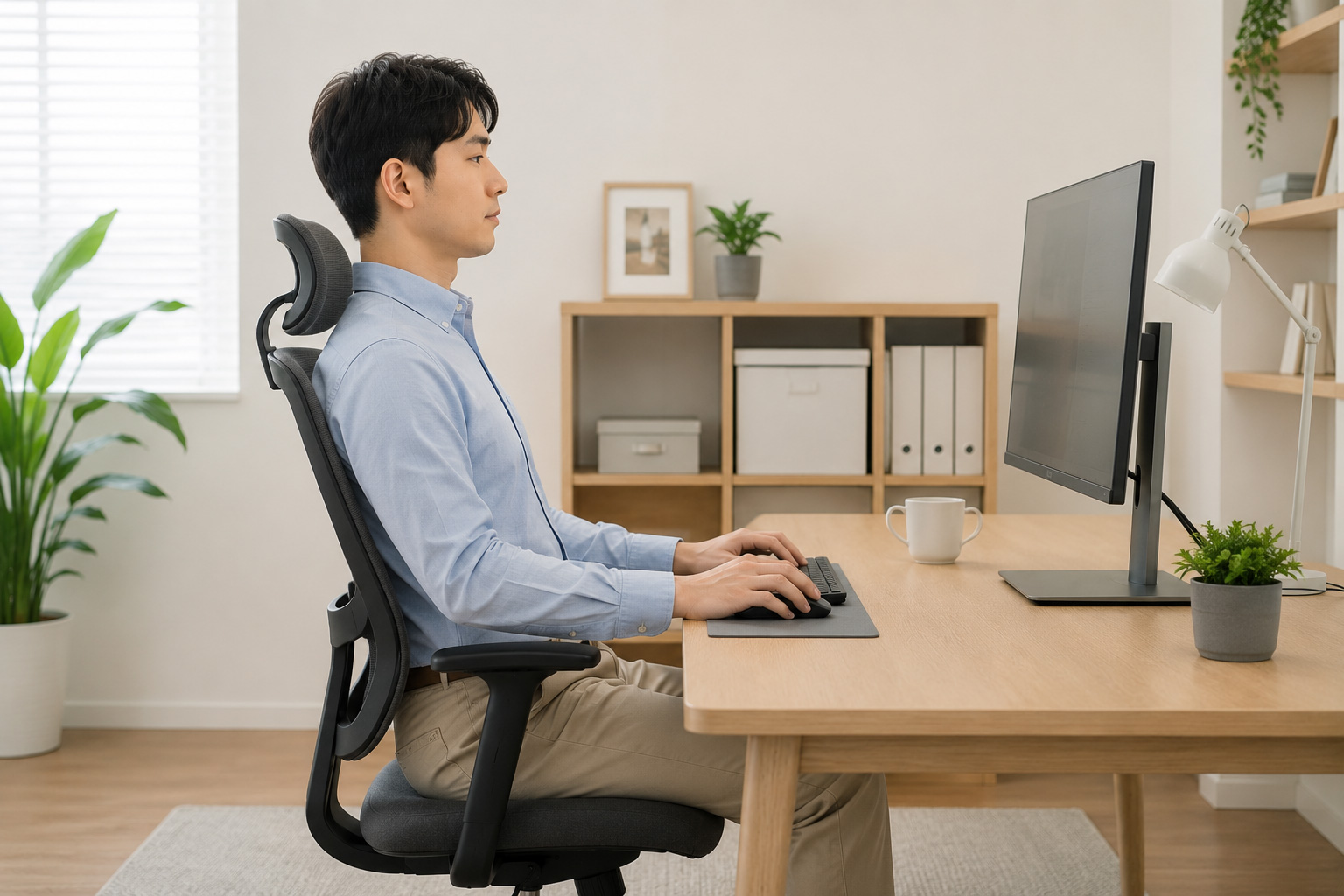 모니터 높이를 눈높이에 맞추고 바른 자세로 앉아 있는 책상 환경